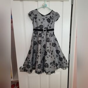 Black And White Gingham Floral Velvet Dress